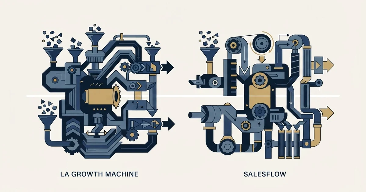 Editorial illustration for La Growth Machine vs Salesflow