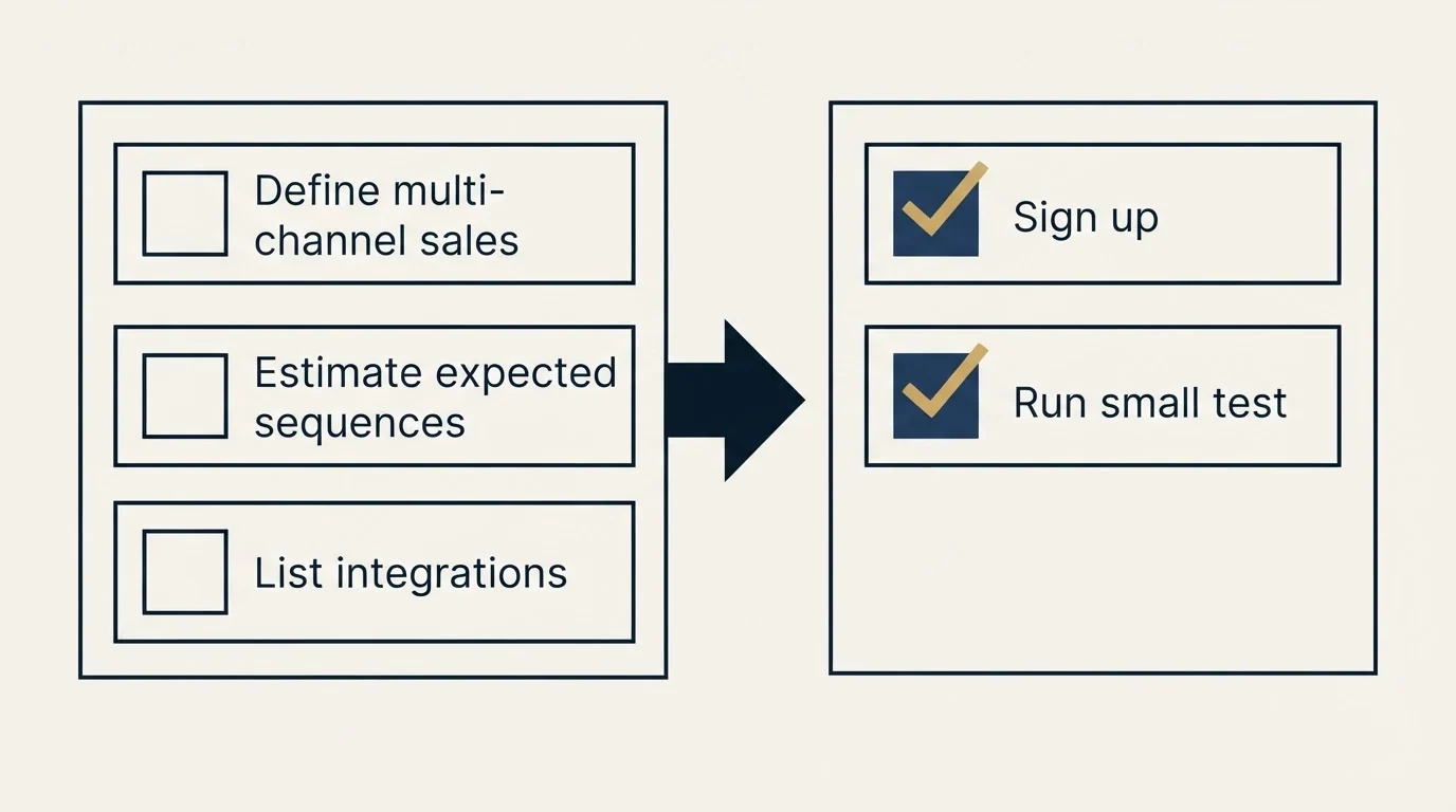 Before-and-after steps: Getting Started Checklist (Define multi-channel sales, Estimate expected sequences, List integrations, Sign up)