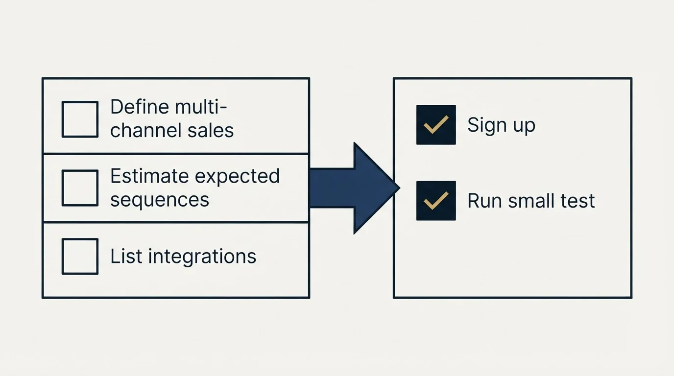 Before-and-after steps: Getting Started Checklist (Define multi-channel sales, Estimate expected sequences, List integrations, Sign up)
