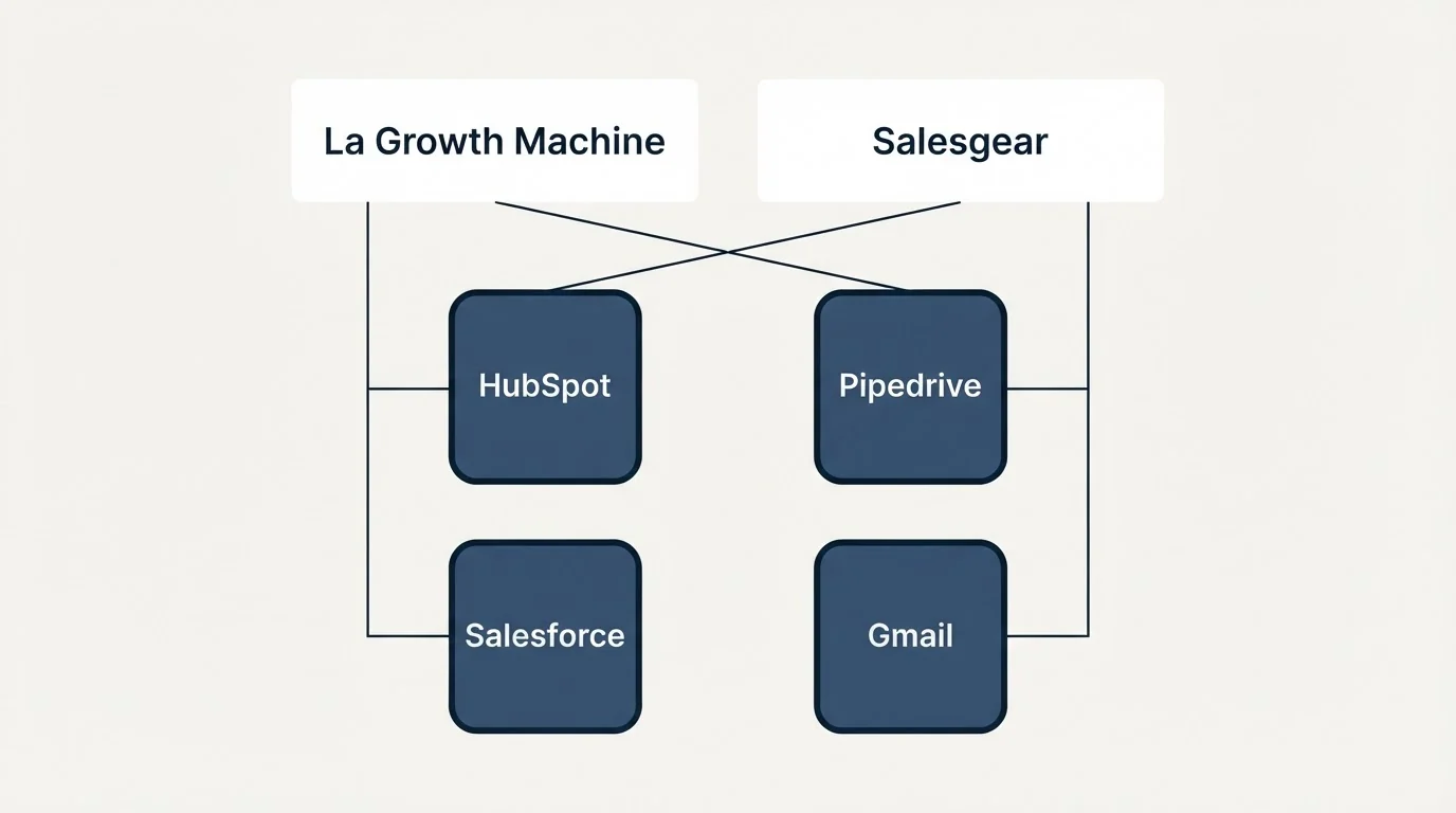 Integration grid: Integration Ecosystem (La Growth Machine, Salesgear, HubSpot, Pipedrive)