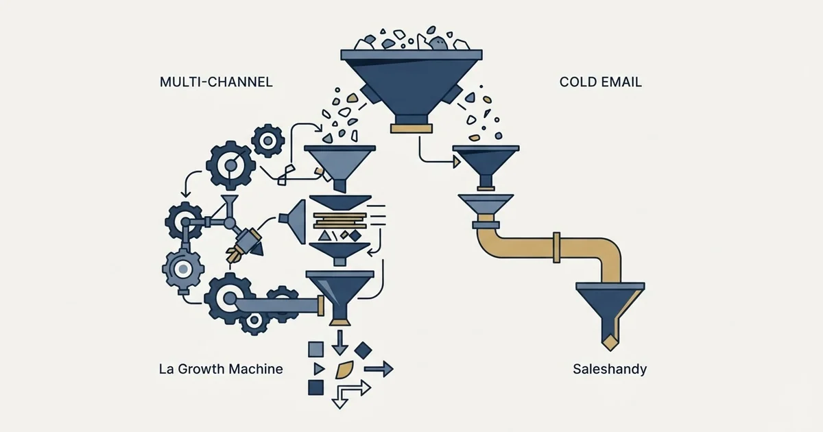 Editorial illustration for La Growth Machine vs Saleshandy