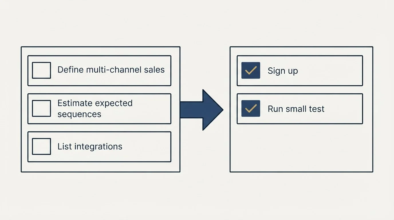 Before-and-after steps: Getting Started Checklist (Define multi-channel sales, Estimate expected sequences, List integrations, Sign up)