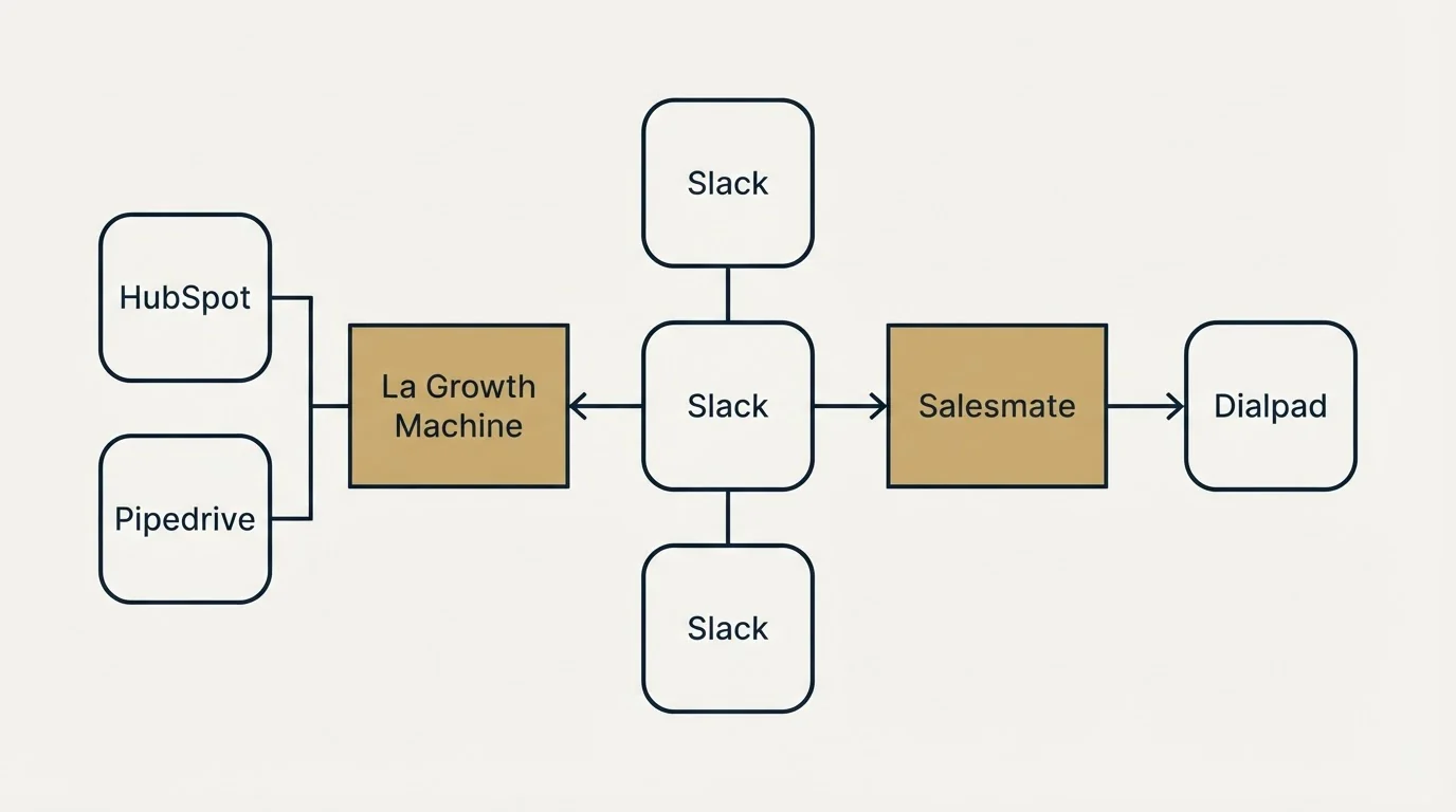 Integration flow: Integration Ecosystem (La Growth Machine, Salesmate, Slack, HubSpot)
