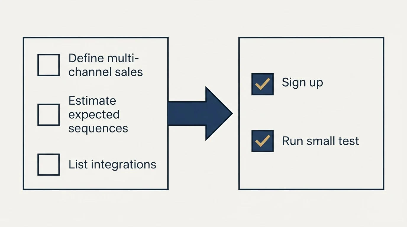 Before-and-after steps: Getting Started Checklist (Define multi-channel sales, Estimate expected sequences, List integrations, Sign up)