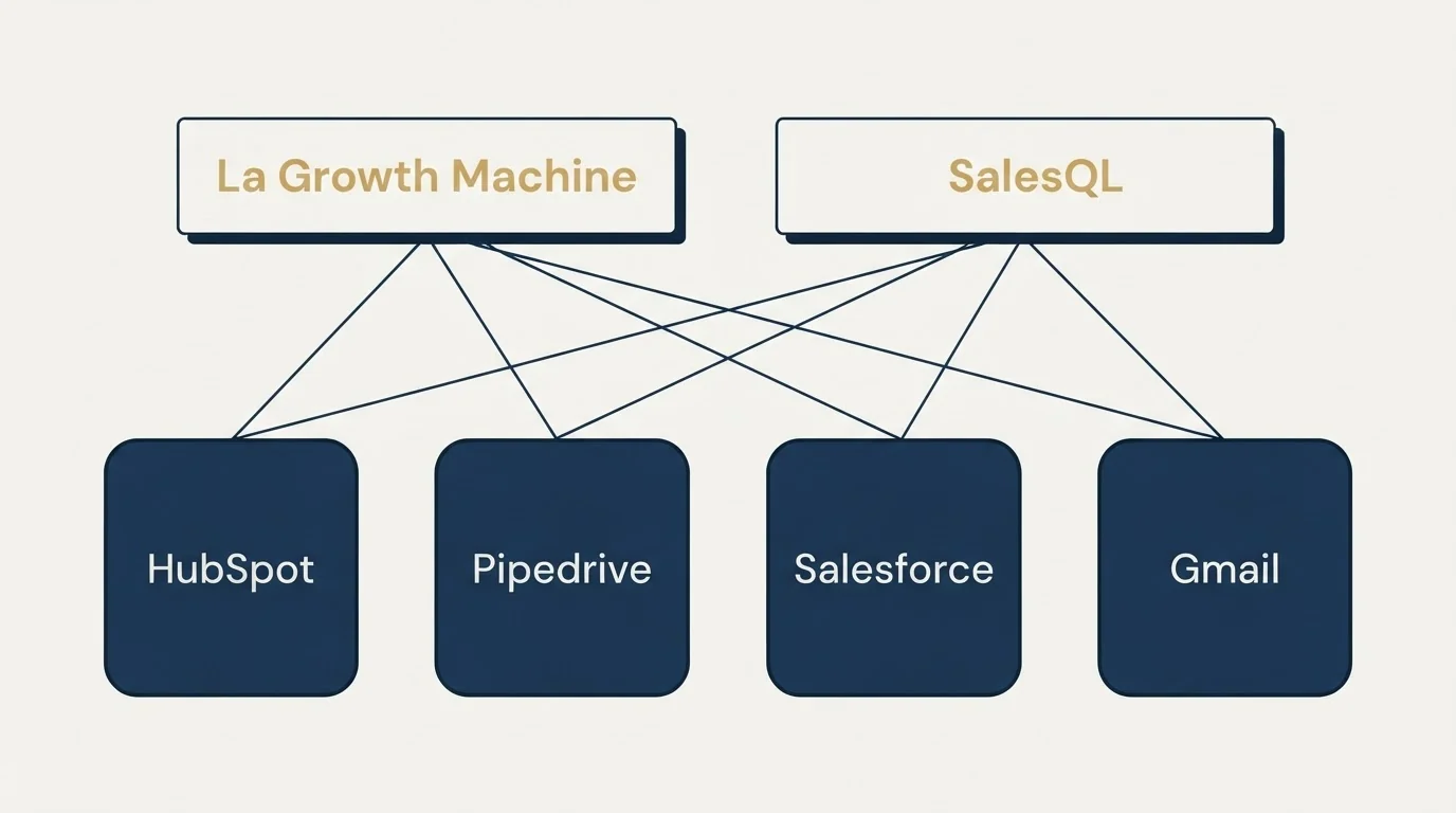 Integration grid: Integration Ecosystem (La Growth Machine, SalesQL, HubSpot, Pipedrive)