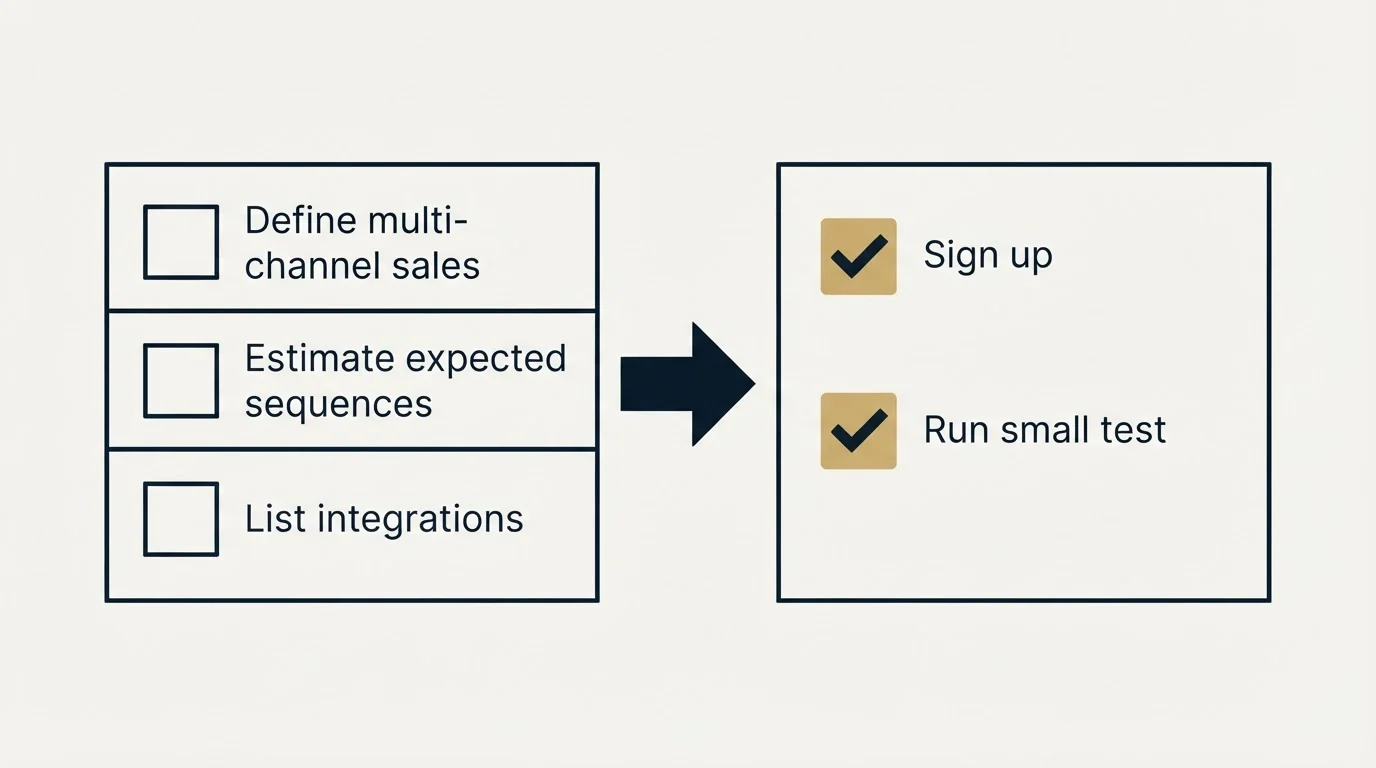 Before-and-after steps: Getting Started Checklist (Define multi-channel sales, Estimate expected sequences, List integrations, Sign up)