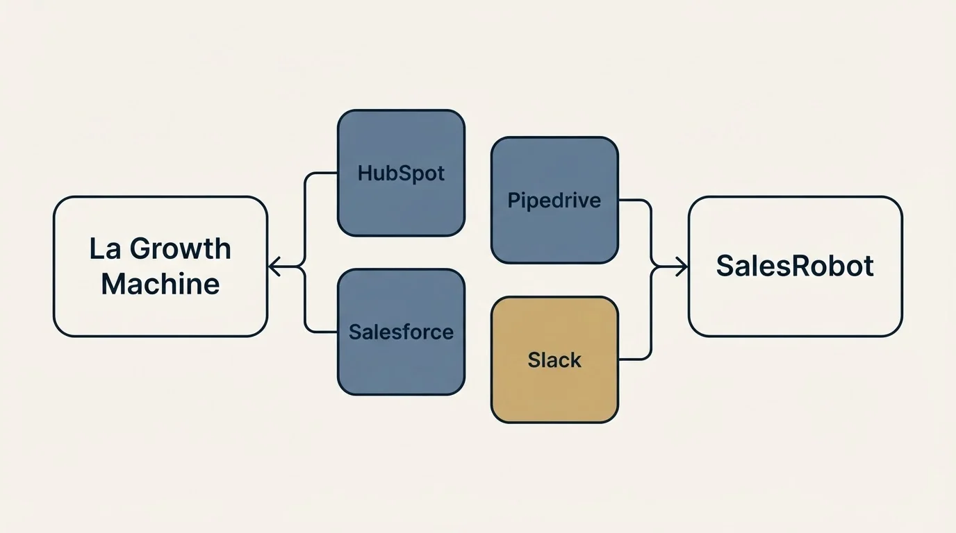 Integration schematic: Integration Ecosystem (La Growth Machine, SalesRobot, HubSpot, Pipedrive)