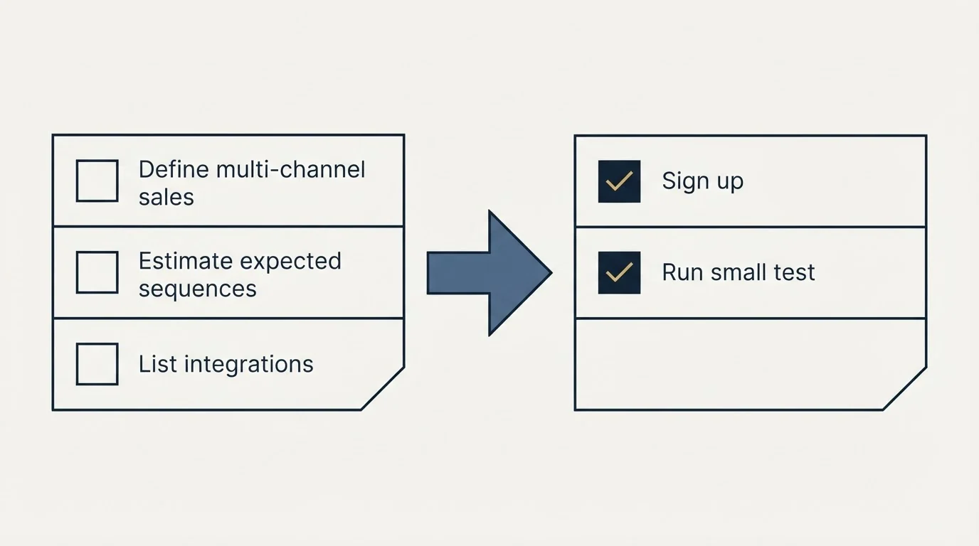 Before-and-after steps: Getting Started Checklist (Define multi-channel sales, Estimate expected sequences, List integrations, Sign up)