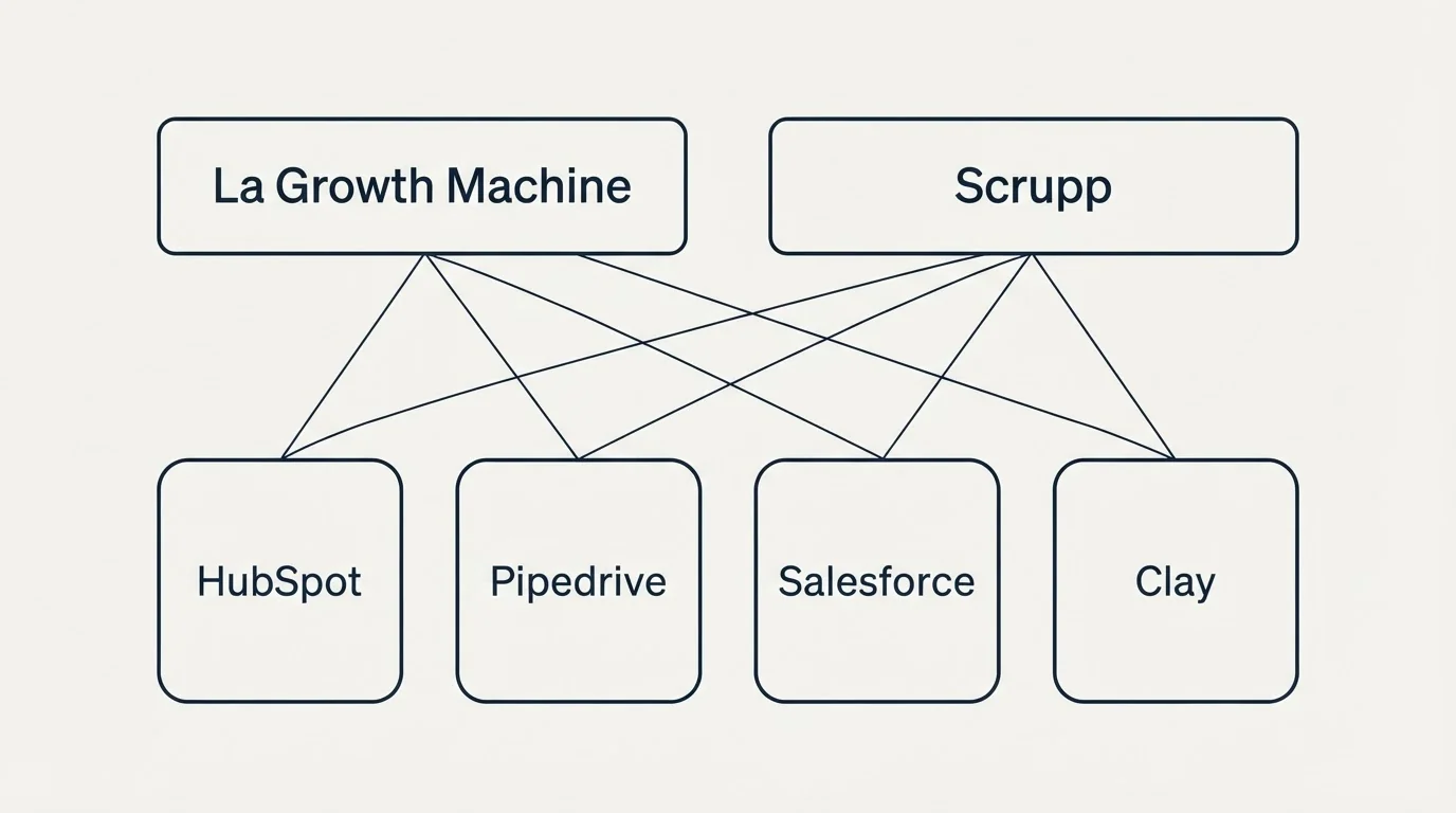 Integration grid: Integration Ecosystem (La Growth Machine, Scrupp, HubSpot, Pipedrive)