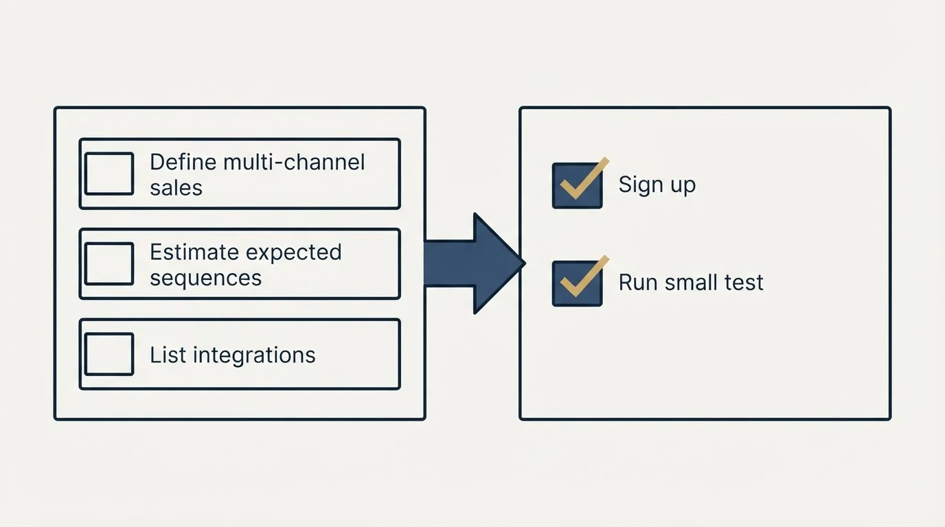 Before-and-after steps: Getting Started Checklist (Define multi-channel sales, Estimate expected sequences, List integrations, Sign up)