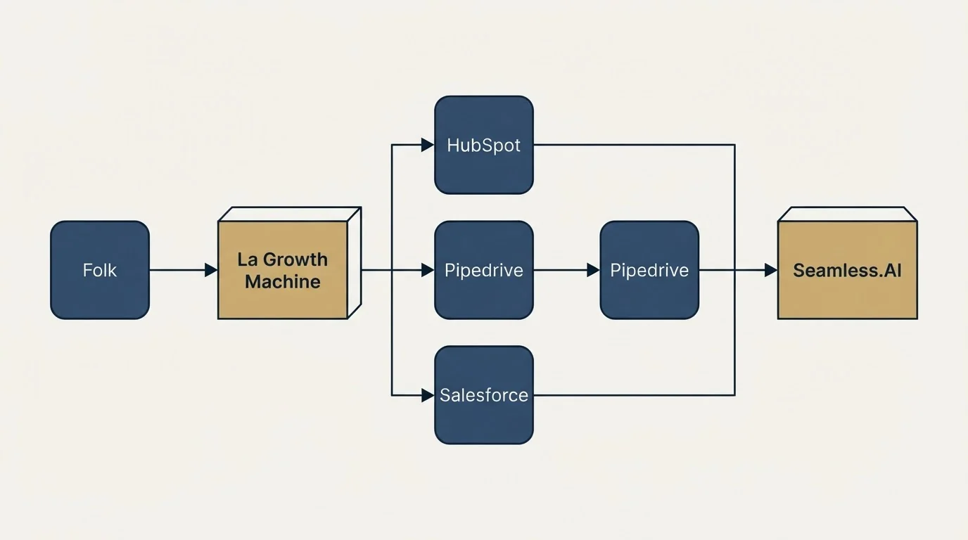 Integration flow: Integration Ecosystem (La Growth Machine, Seamless.AI, HubSpot, Pipedrive)