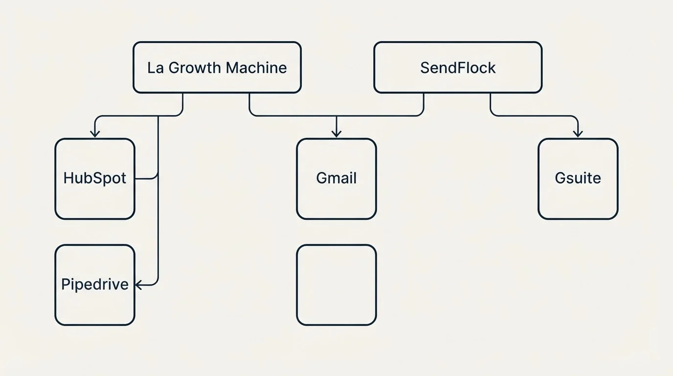 Integration grid: Integration Ecosystem (La Growth Machine, SendFlock, Gmail, HubSpot)