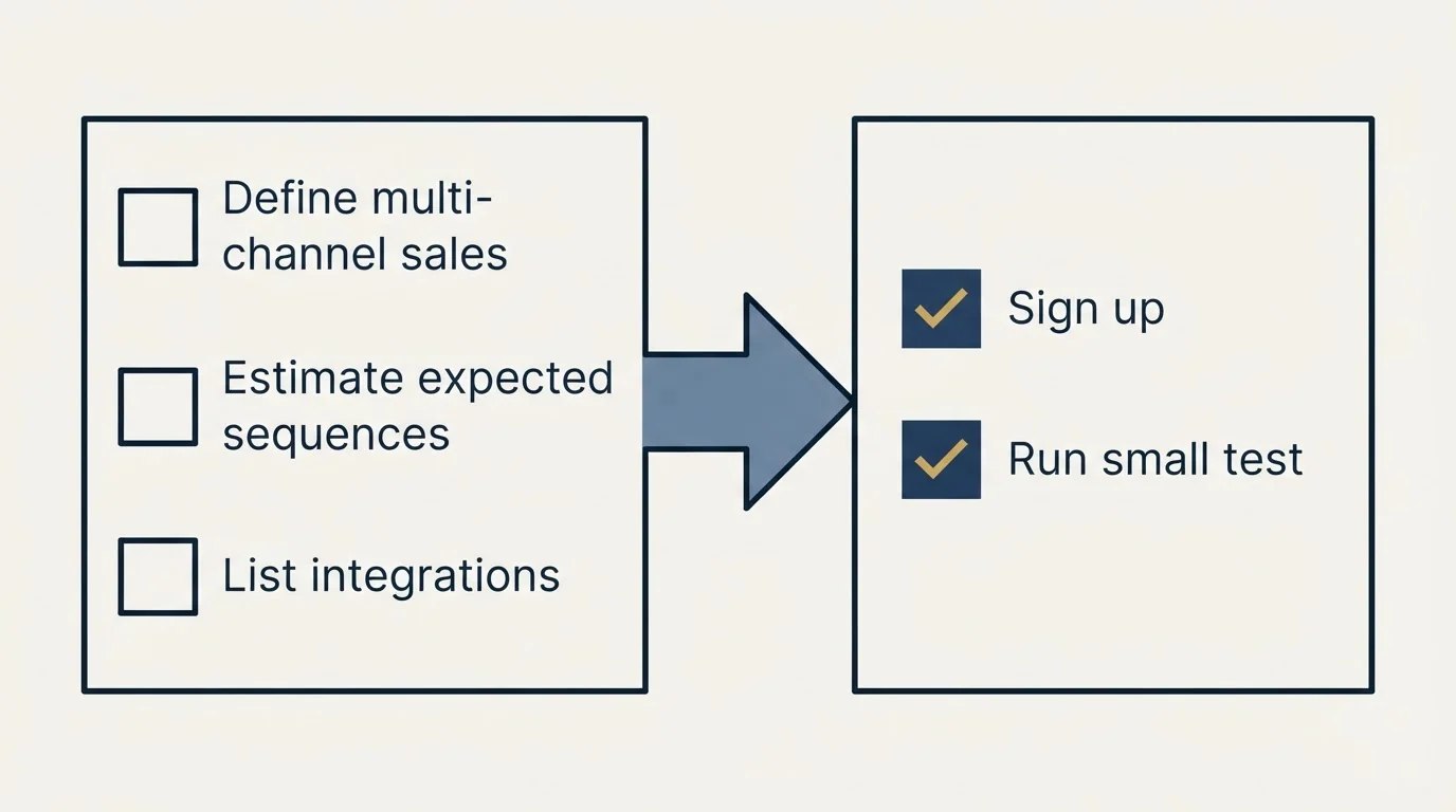 Before-and-after steps: Getting Started Checklist (Define multi-channel sales, Estimate expected sequences, List integrations, Sign up)