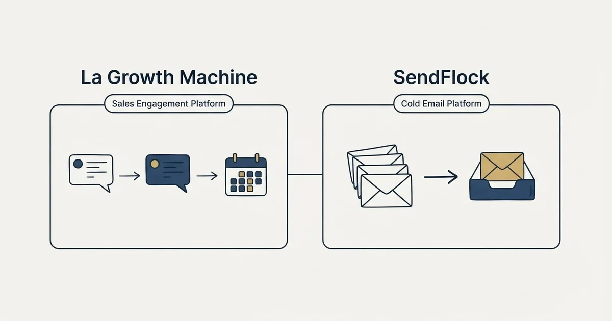 Side-by-side panels: La Growth Machine vs SendFlock (Sales Engagement Platform, Cold Email Platform)