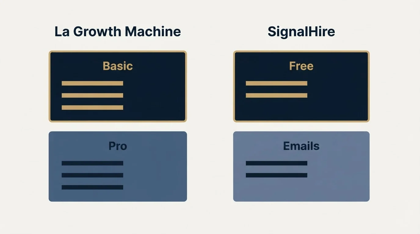 Pricing panels: Pricing Comparison (La Growth Machine, SignalHire, Basic, Free)