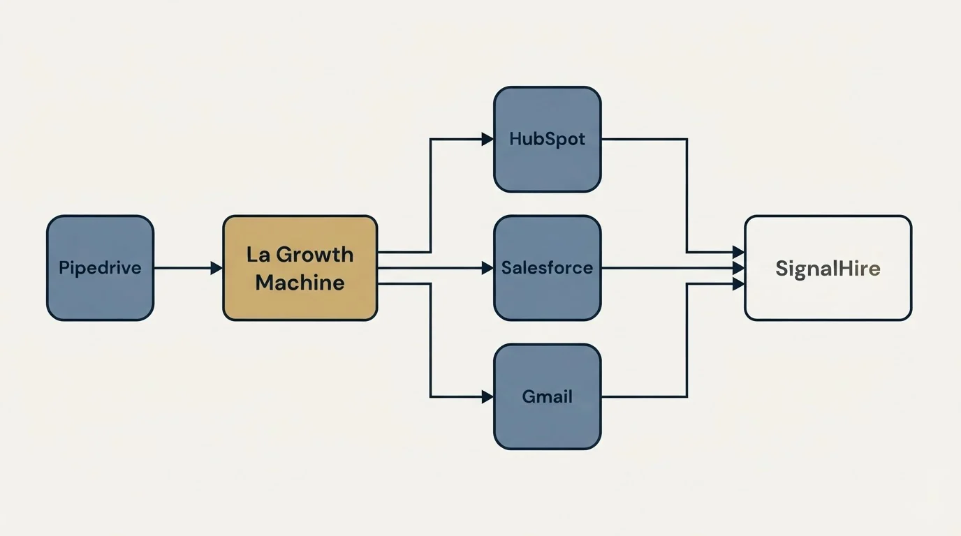 Integration flow: Integration Ecosystem (La Growth Machine, SignalHire, HubSpot, Salesforce)