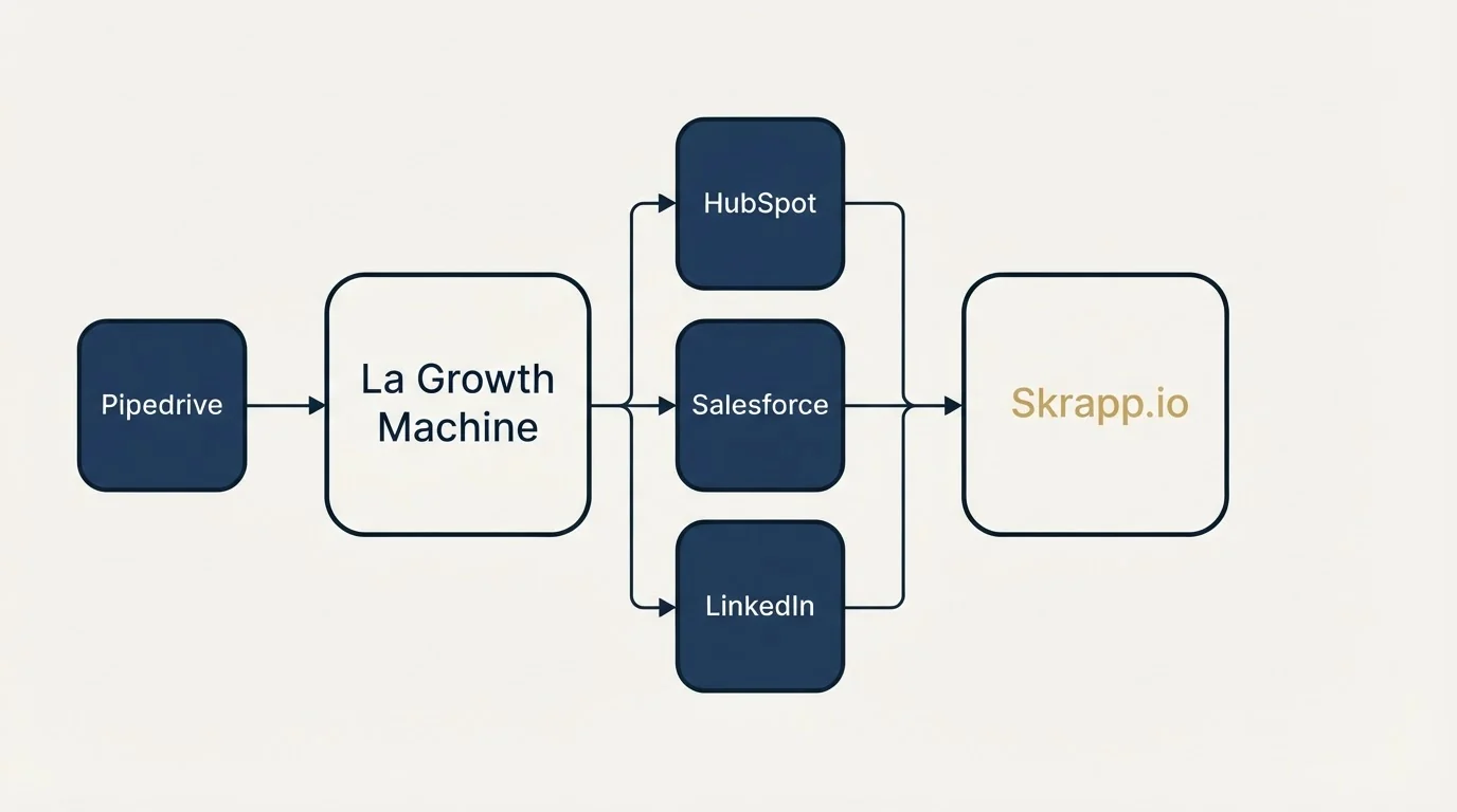 Integration schematic: Integration Ecosystem (La Growth Machine, Skrapp.io, HubSpot, Salesforce)