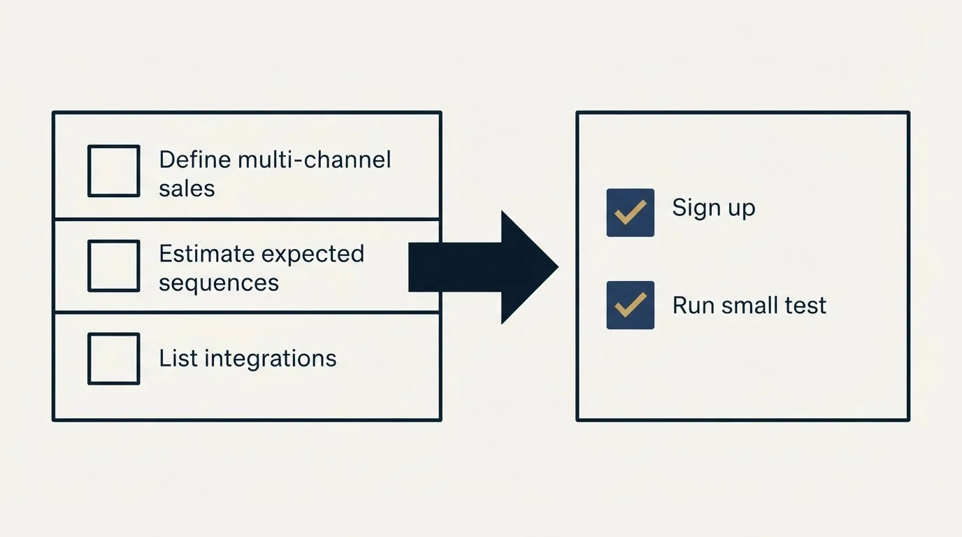 Before-and-after steps: Getting Started Checklist (Define multi-channel sales, Estimate expected sequences, List integrations, Sign up)