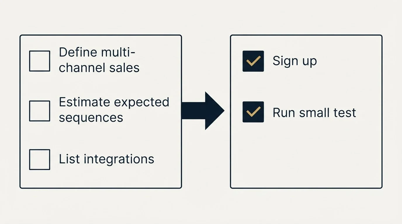 Before-and-after steps: Getting Started Checklist (Define multi-channel sales, Estimate expected sequences, List integrations, Sign up)
