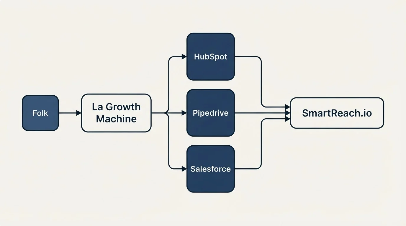 Integration flow: Integration Ecosystem (La Growth Machine, SmartReach.io, HubSpot, Pipedrive)