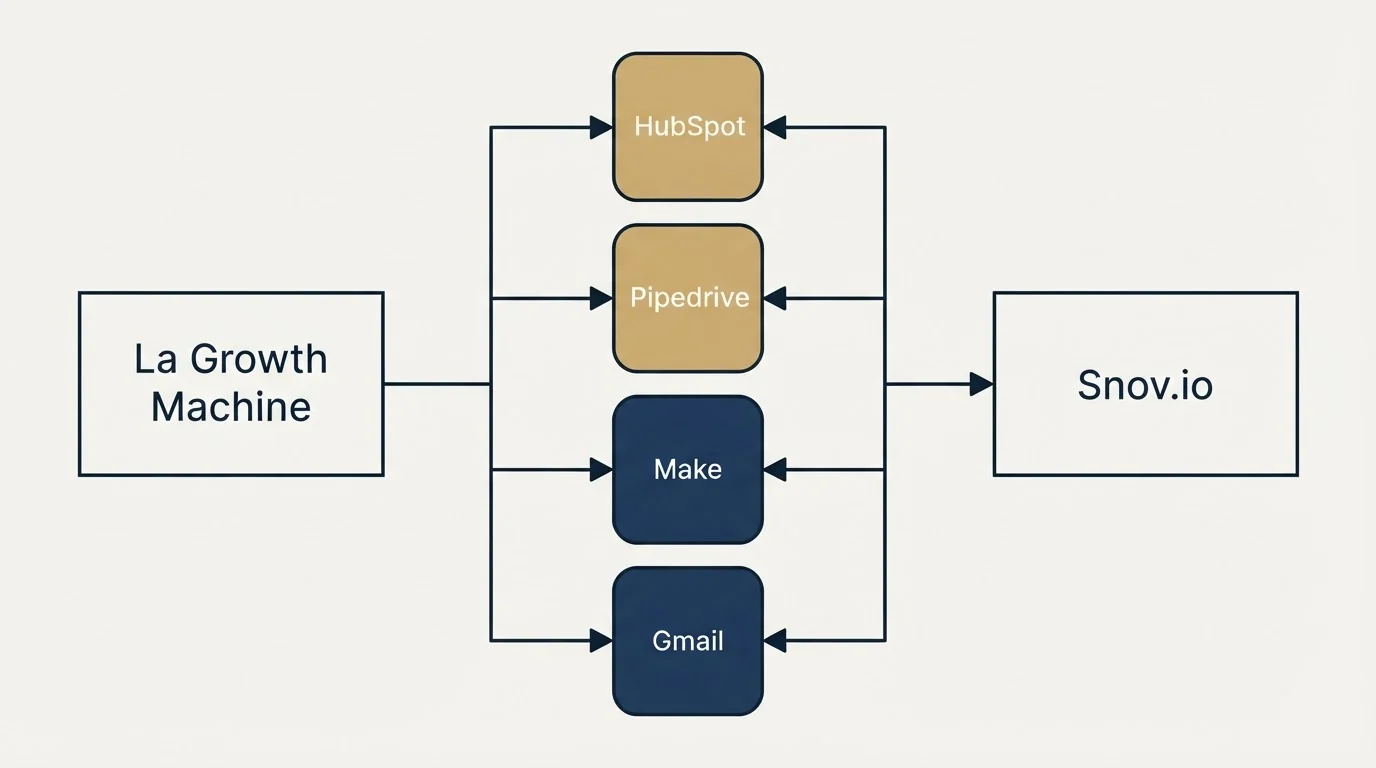 Integration flow: Integration Ecosystem (La Growth Machine, Snov.io, HubSpot, Pipedrive)