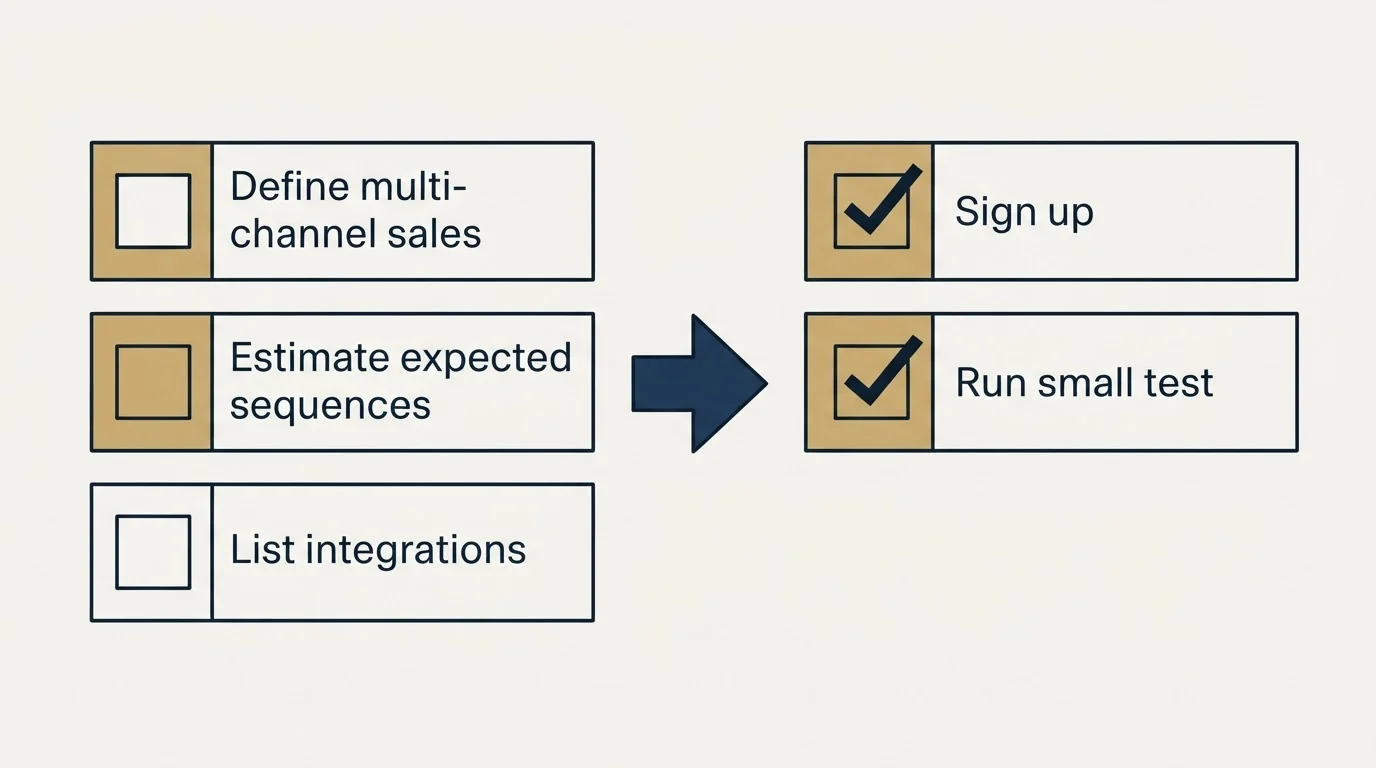 Before-and-after steps: Getting Started Checklist (Define multi-channel sales, Estimate expected sequences, List integrations, Sign up)