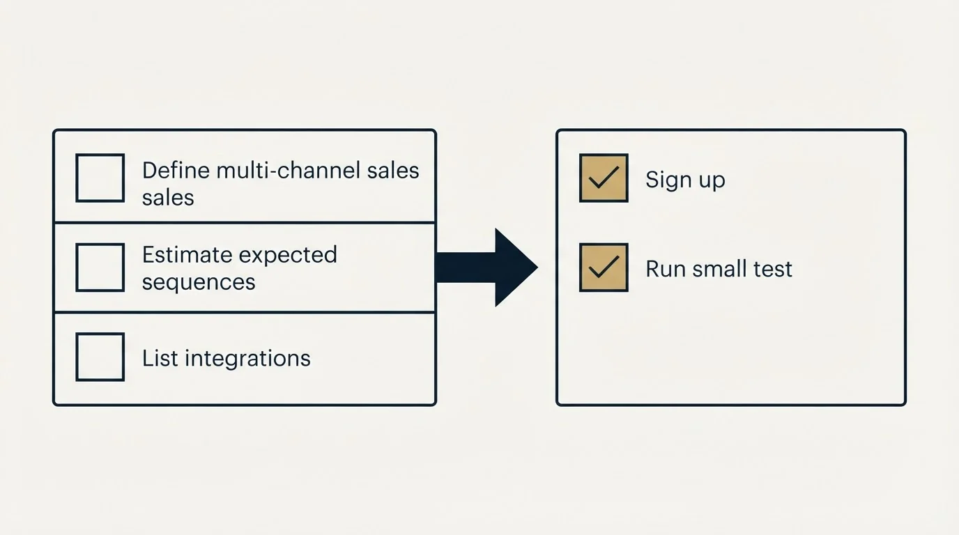 Before-and-after steps: Getting Started Checklist (Define multi-channel sales, Estimate expected sequences, List integrations, Sign up)
