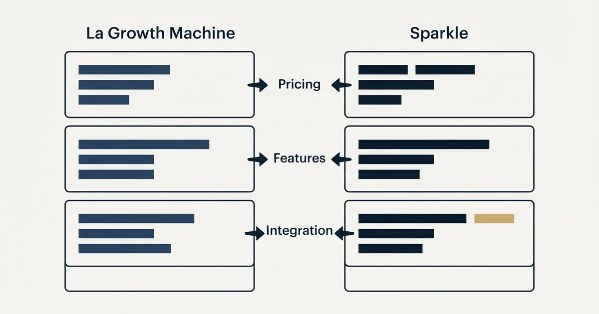 Comparison panel: La Growth Machine vs Sparkle (Pricing, Features, Integration)