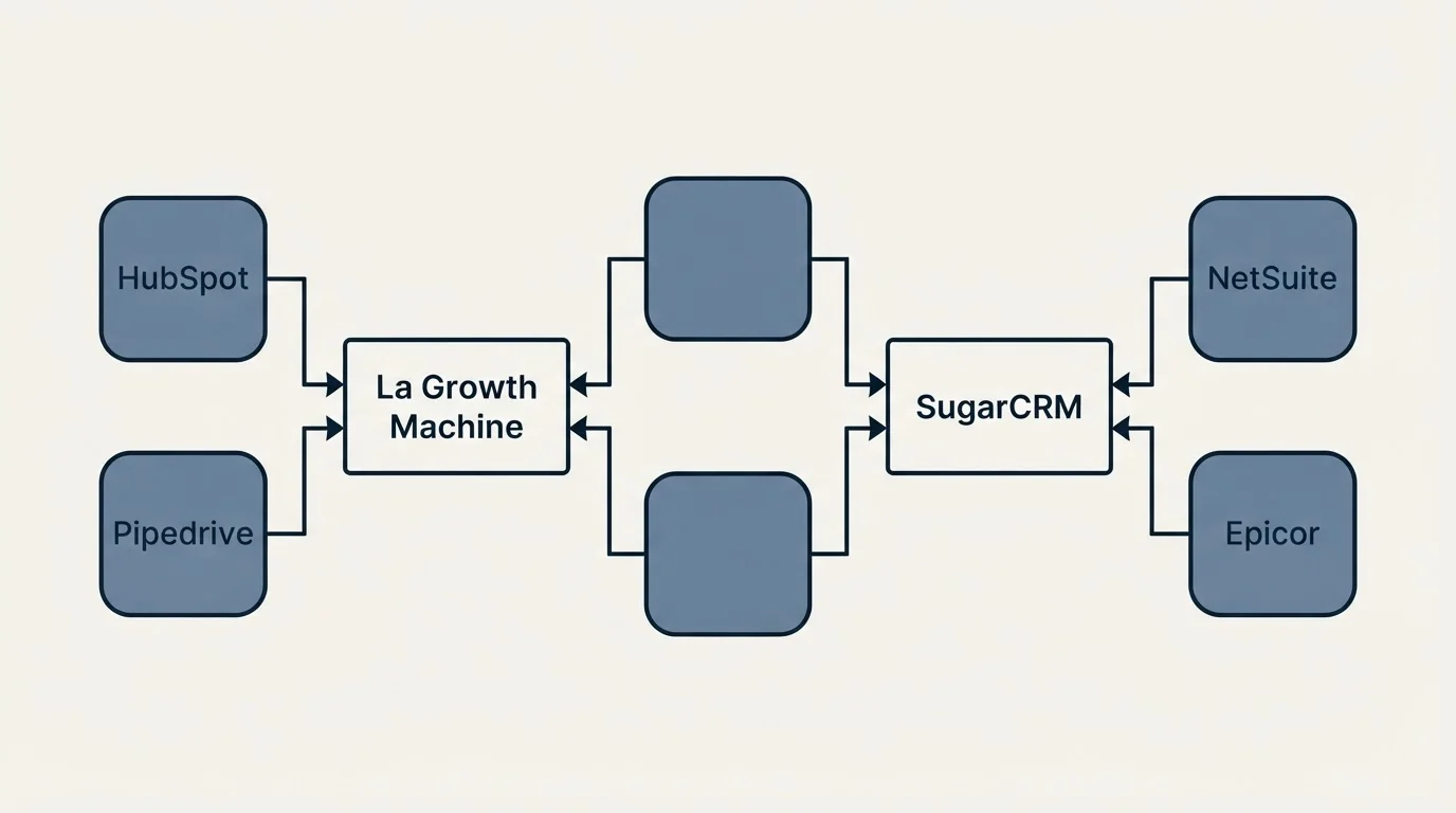 Integration schematic: Integration Ecosystem (La Growth Machine, SugarCRM, HubSpot, NetSuite)