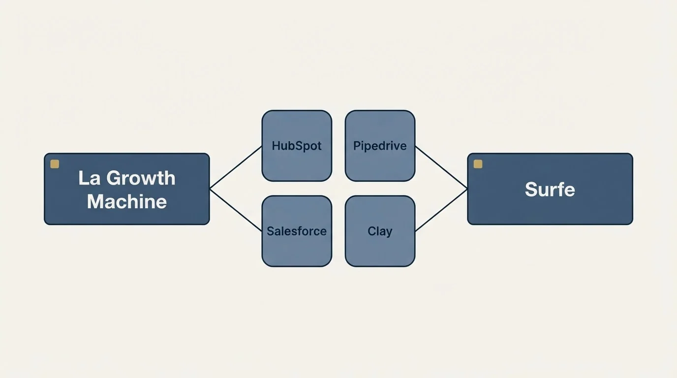 Integration schematic: Integration Ecosystem (La Growth Machine, Surfe, HubSpot, Pipedrive)
