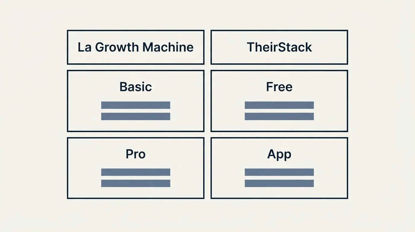 Pricing table: Pricing Comparison (La Growth Machine, TheirStack, Basic, Free)