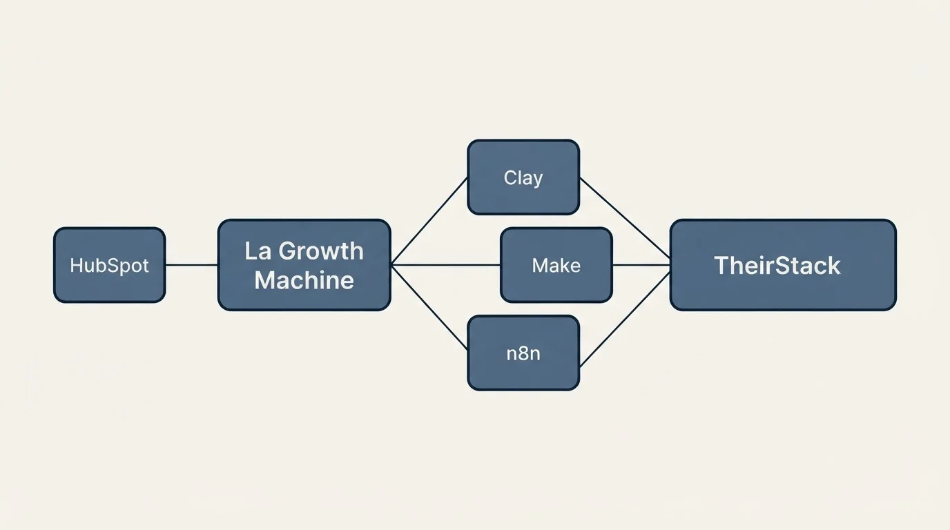 Integration schematic: Integration Ecosystem (La Growth Machine, TheirStack, Clay, Make)