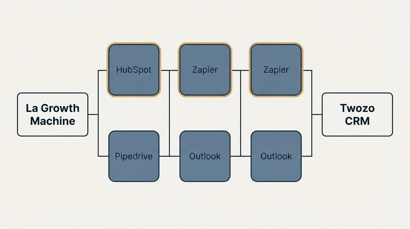 Integration flow: Integration Ecosystem (La Growth Machine, Twozo CRM, HubSpot, Zapier)