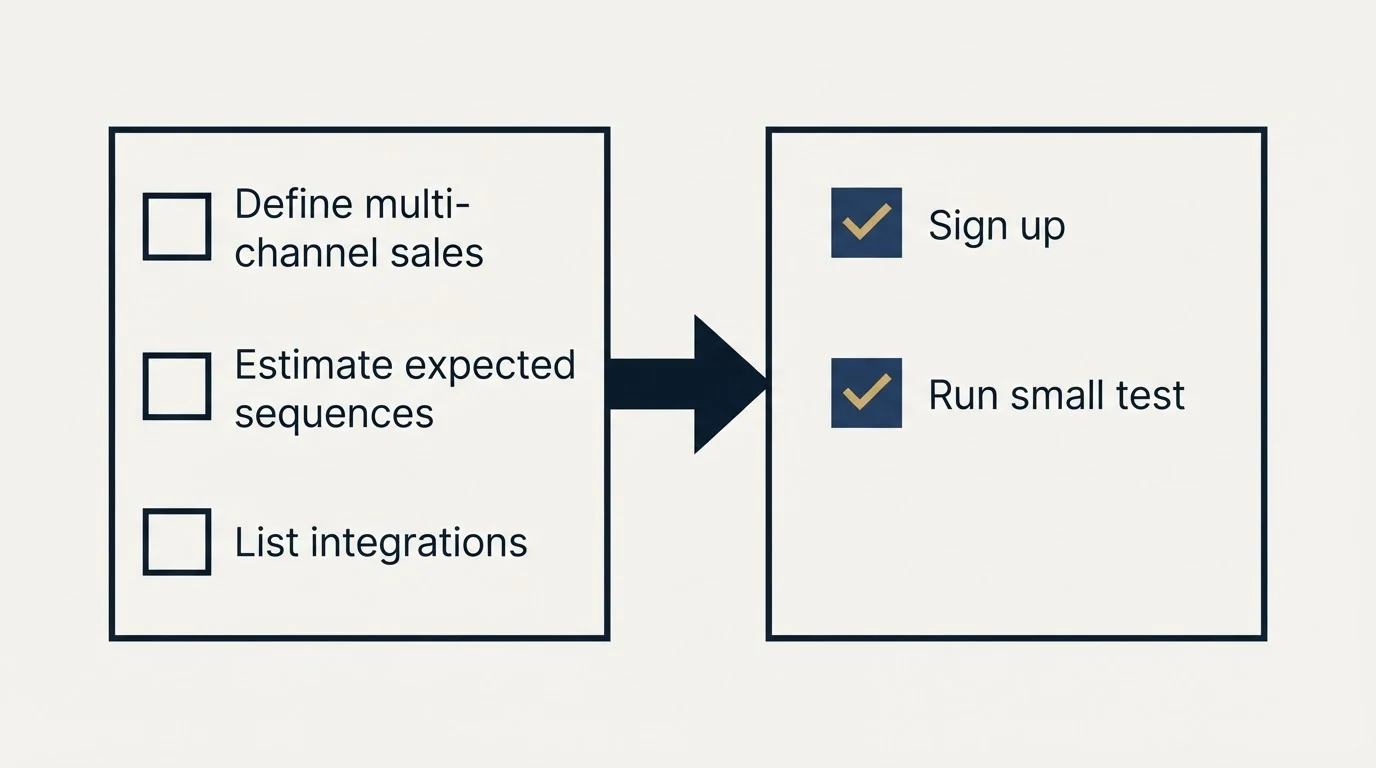 Before-and-after steps: Getting Started Checklist (Define multi-channel sales, Estimate expected sequences, List integrations, Sign up)