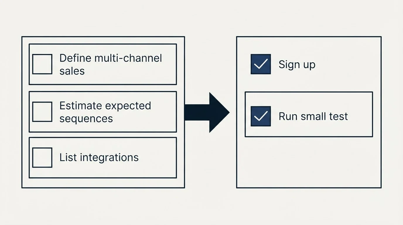 Before-and-after steps: Getting Started Checklist (Define multi-channel sales, Estimate expected sequences, List integrations, Sign up)