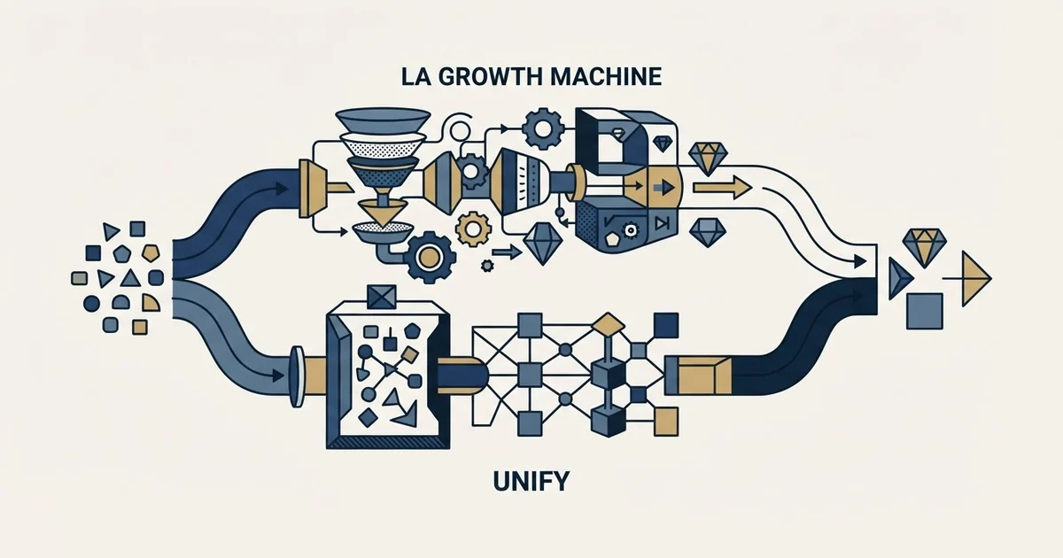 Editorial illustration for La Growth Machine vs Unify
