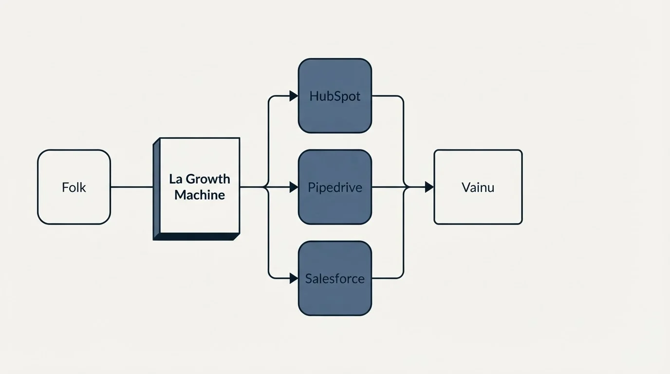 Integration flow: Integration Ecosystem (La Growth Machine, Vainu, HubSpot, Pipedrive)