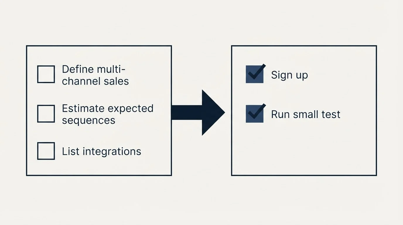Before-and-after steps: Getting Started Checklist (Define multi-channel sales, Estimate expected sequences, List integrations, Sign up)