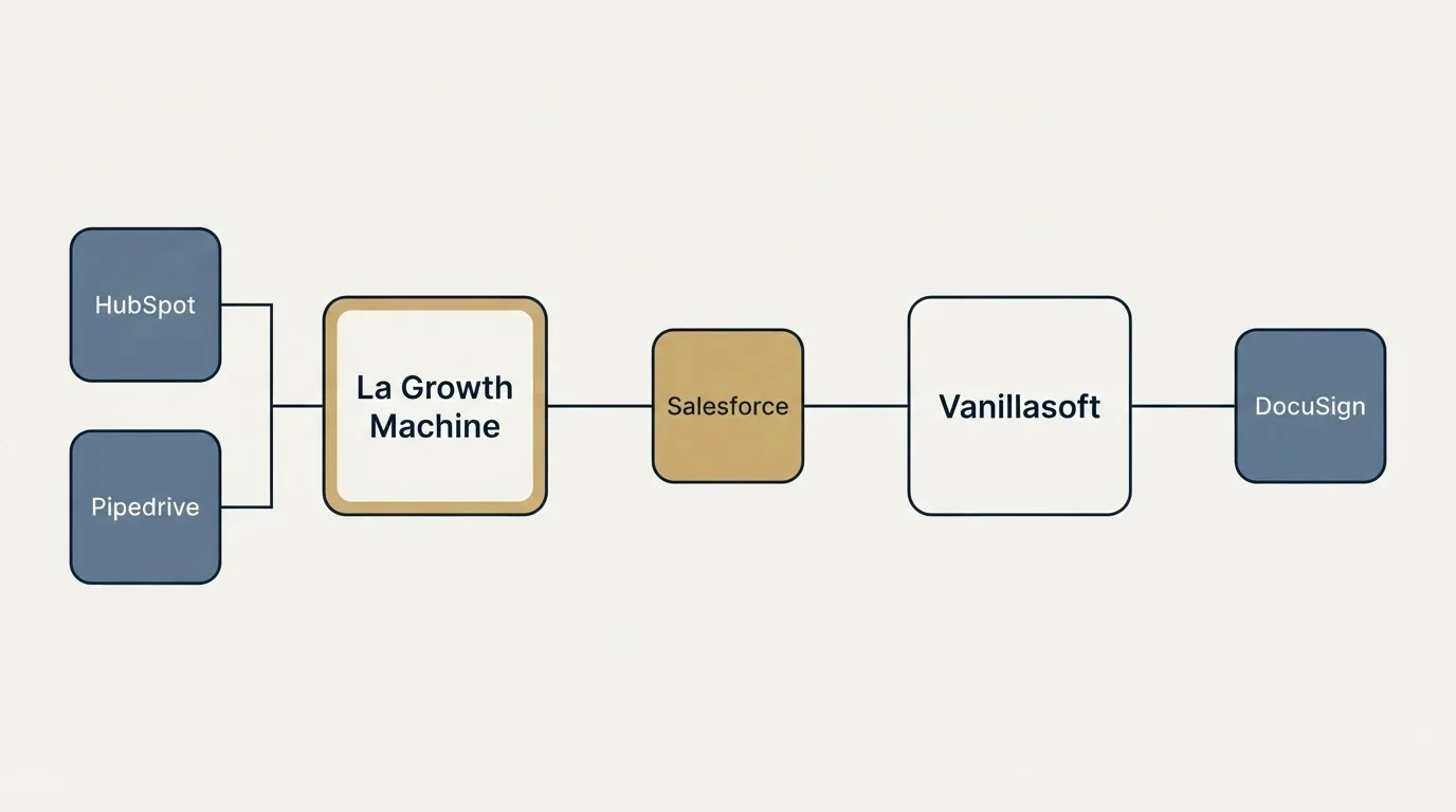 Integration flow: Integration Ecosystem (La Growth Machine, Vanillasoft, Salesforce, HubSpot)