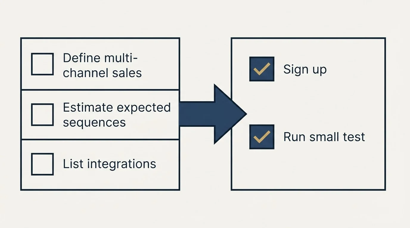 Before-and-after steps: Getting Started Checklist (Define multi-channel sales, Estimate expected sequences, List integrations, Sign up)