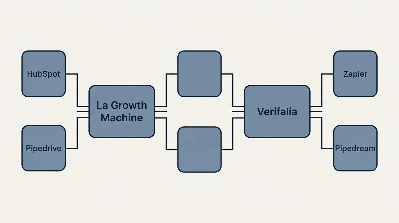 Integration flow: Integration Ecosystem (La Growth Machine, Verifalia, HubSpot, Zapier)