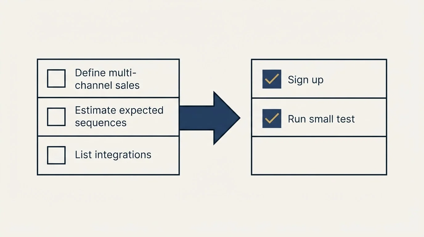Before-and-after steps: Getting Started Checklist (Define multi-channel sales, Estimate expected sequences, List integrations, Sign up)