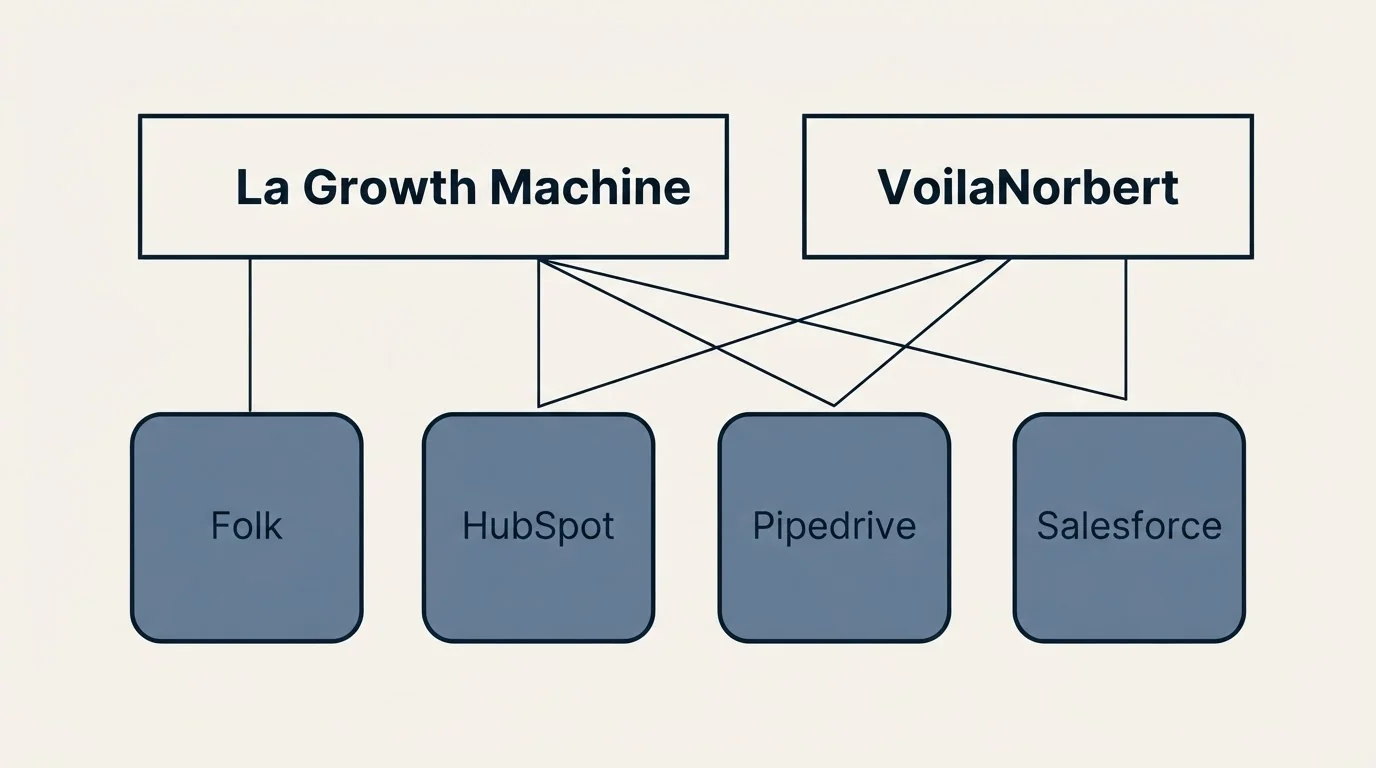 Integration grid: Integration Ecosystem (La Growth Machine, VoilaNorbert, HubSpot, Pipedrive)