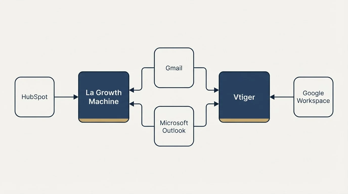 Integration flow: Integration Ecosystem (La Growth Machine, Vtiger, Gmail, Microsoft Outlook)