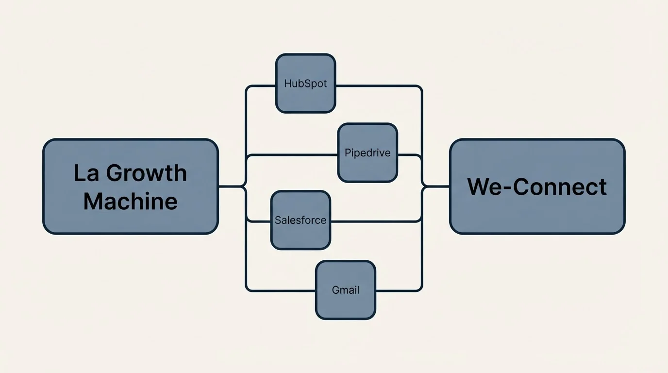 Integration schematic: Integration Ecosystem (La Growth Machine, We-Connect, HubSpot, Pipedrive)