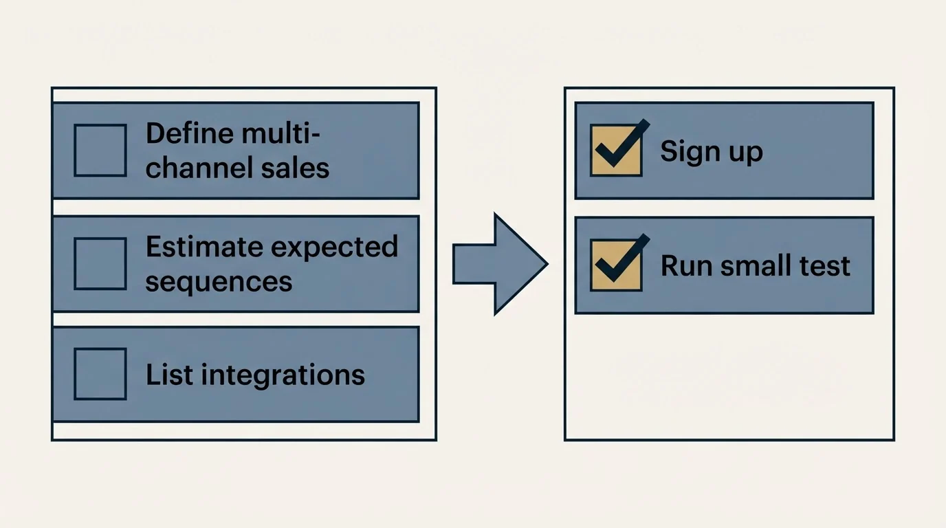 Before-and-after steps: Getting Started Checklist (Define multi-channel sales, Estimate expected sequences, List integrations, Sign up)