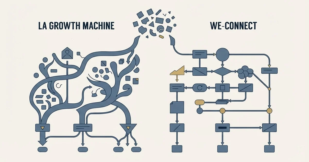 Editorial illustration for La Growth Machine vs We-Connect