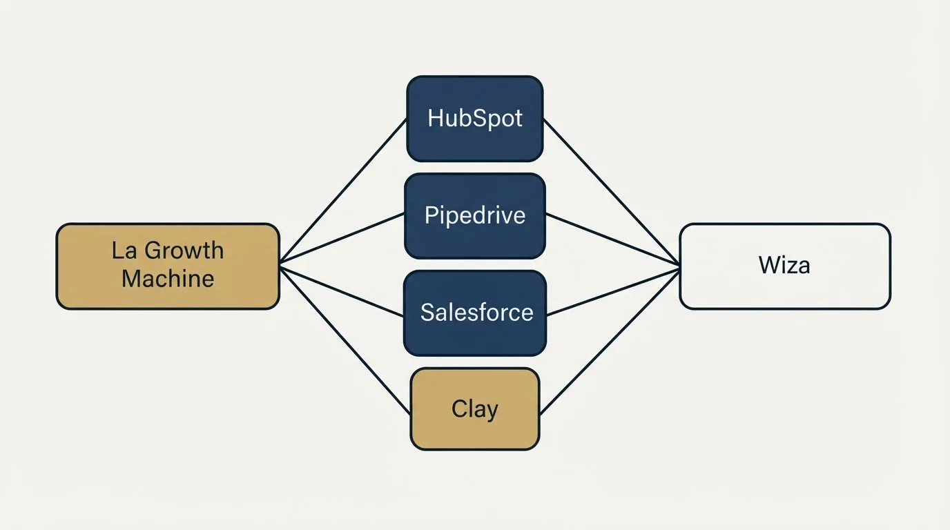 Integration schematic: Integration Ecosystem (La Growth Machine, Wiza, HubSpot, Pipedrive)