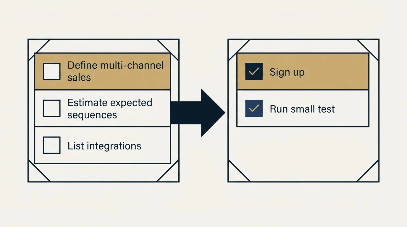 Before-and-after steps: Getting Started Checklist (Define multi-channel sales, Estimate expected sequences, List integrations, Sign up)