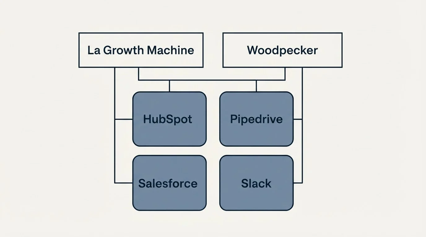 Integration grid: Integration Ecosystem (La Growth Machine, Woodpecker, HubSpot, Pipedrive)